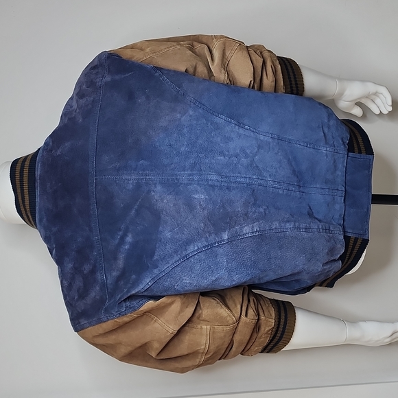 PORT AUTHORITY VINTAGE SUADE BOMBER LEATHER JACKET, LARGE, BLUE AND BROWN - Picture 4 of 10